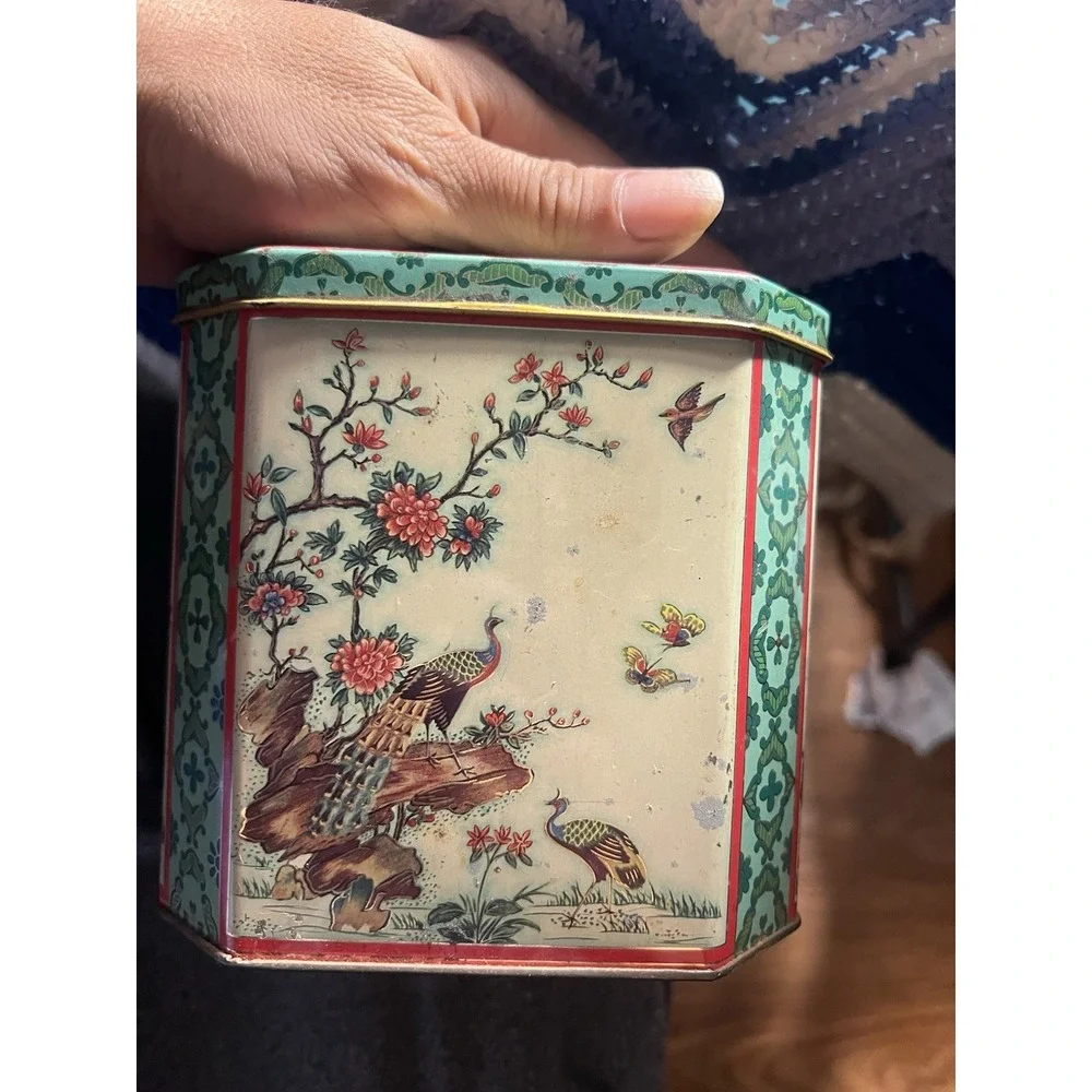 Vintage Collectible Tin Lot of 5 Charles Chips Winter Peacock Chinoiserie Bank
